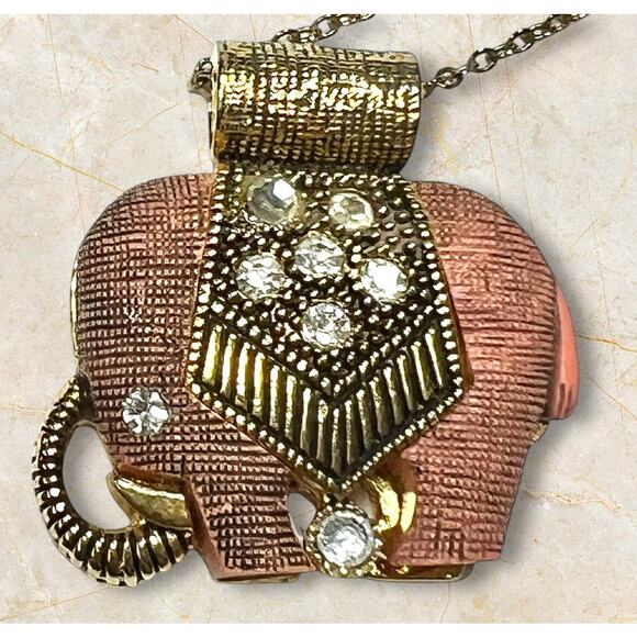 Rose Goldtone Elephant Pendant Necklace 28"  Bling Rhinestones Stars Boho Hippie - Picture 7 of 10